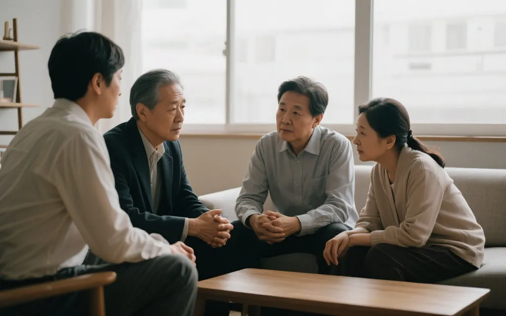 家庭成员围坐商讨，气氛严肃